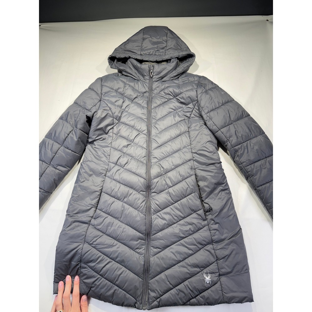 Spyder Womens Gray Chevron Quilted Insulated Hooded Parka Jacket M Winter Puffer
